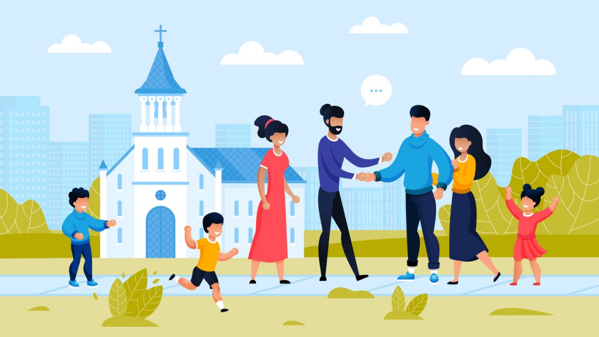 Two Family Friend Meeting at City Church Building. Parent with Children Outside. Religion Architecture Design. Friendship Support at Famous temple landmark. People Conversation. Vector Illustration