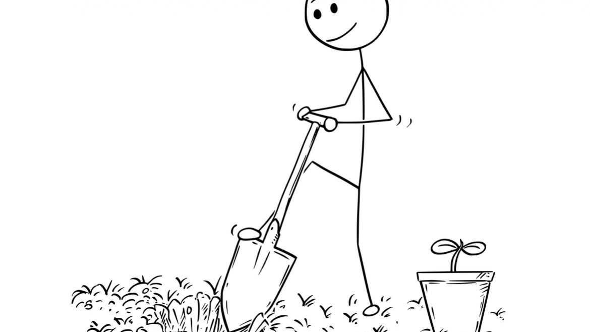 Cartoon stick man drawing illustration of gardener on garden digging a hole for plant with shovel or spade.