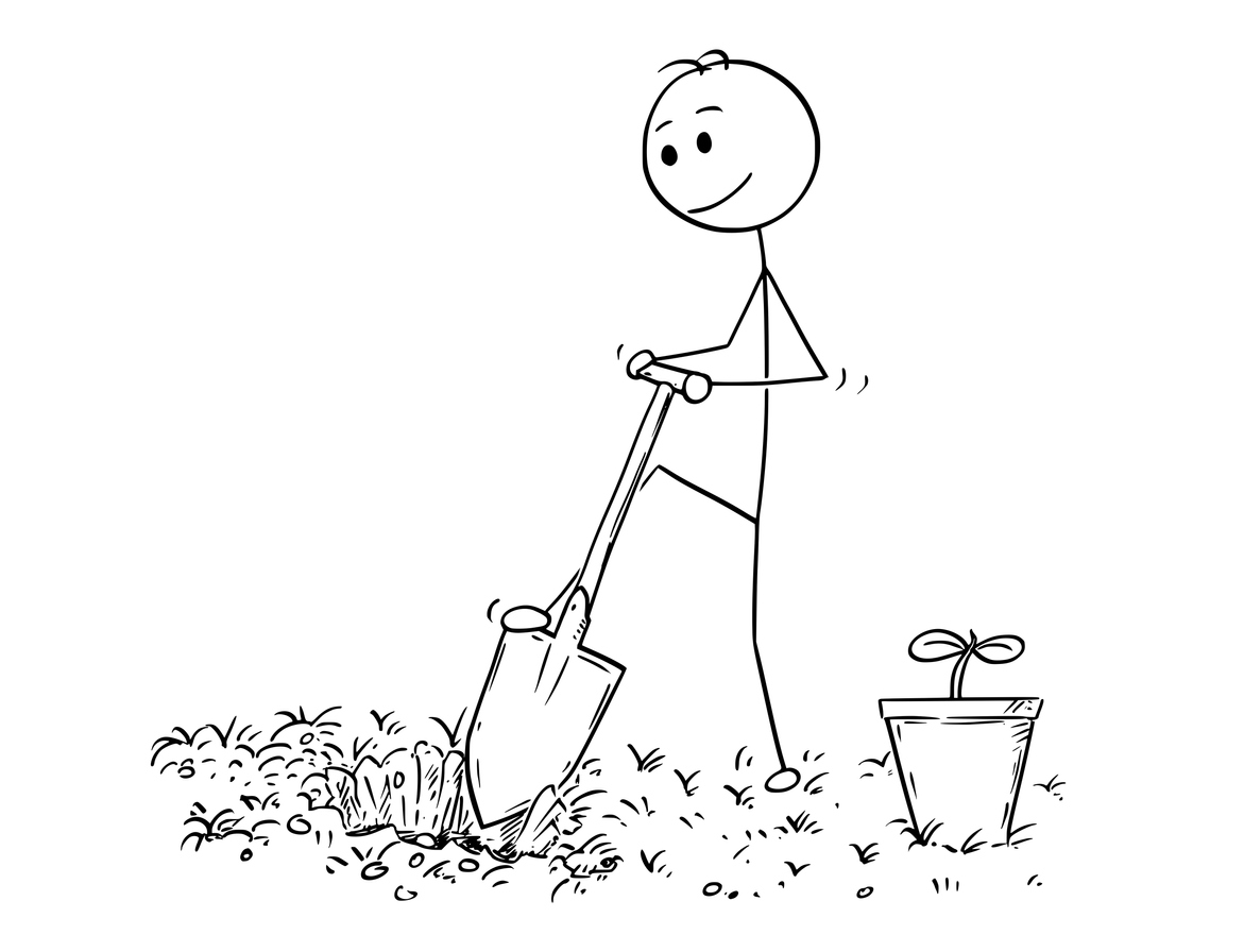 Cartoon stick man drawing illustration of gardener on garden digging a hole for plant with shovel or spade.