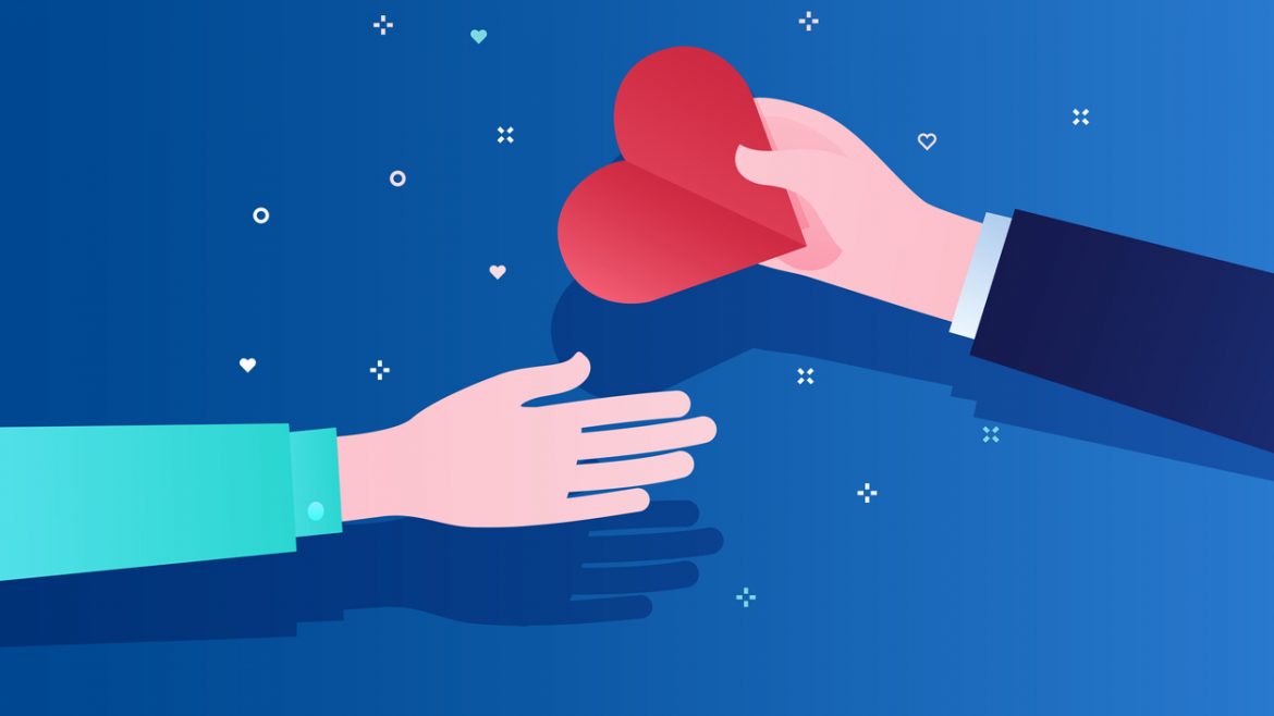 Concept of charity and donation. Give and share your love to people. The hand of the man gives the symbol of heart to the other hand on blue background. Flat design, vector illustration.