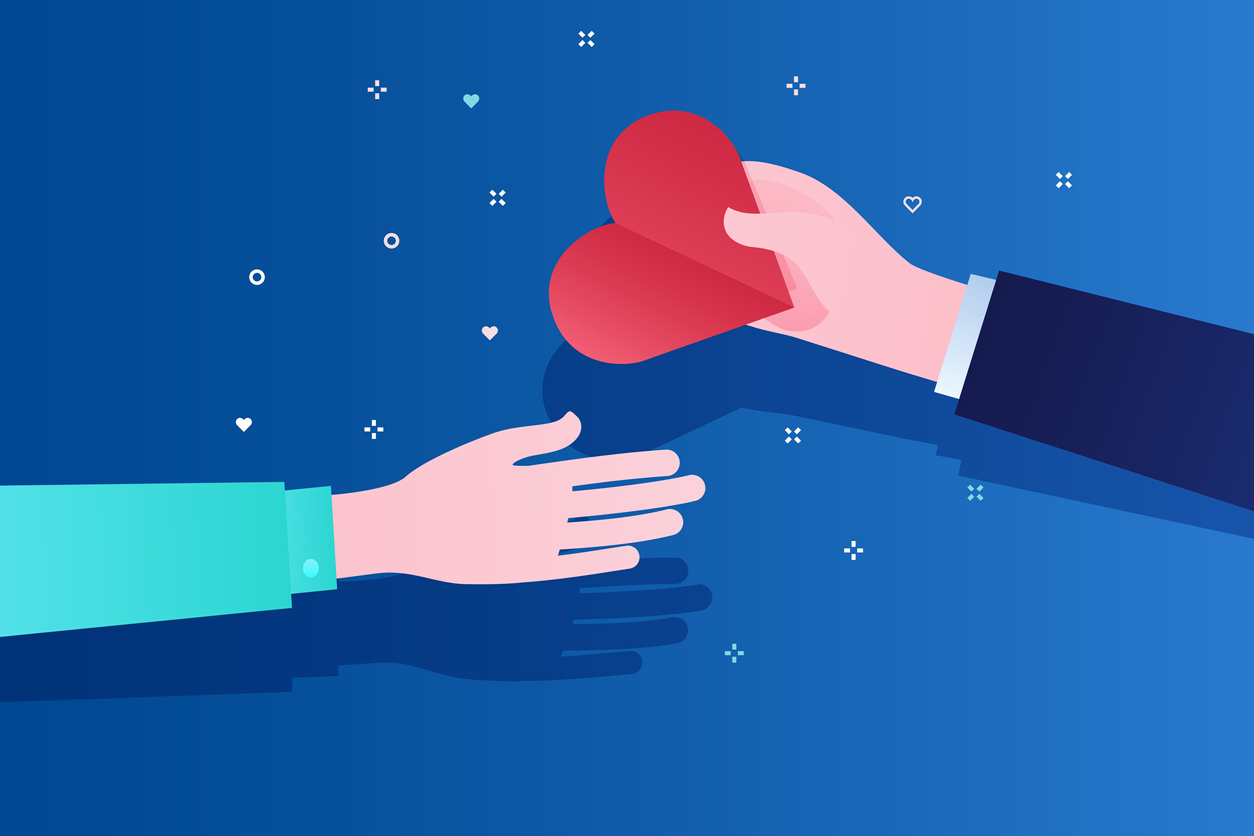 Concept of charity and donation. Give and share your love to people. The hand of the man gives the symbol of heart to the other hand on blue background. Flat design, vector illustration.