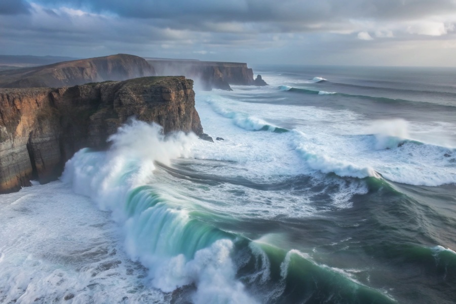 Powerful waves crash against dramatic cliffs.