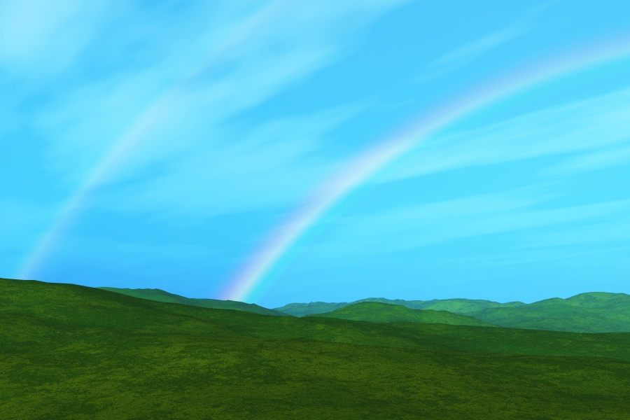 3D render of a grassy landscape with double rainbow