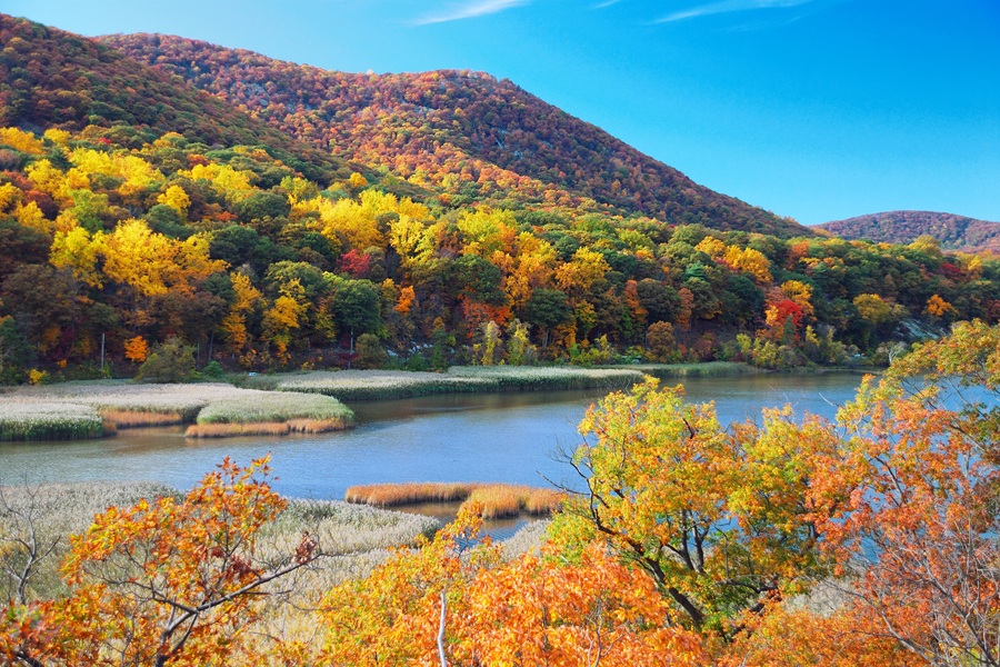 Autumn Mountain with lake view and colorful foliage in forest.
