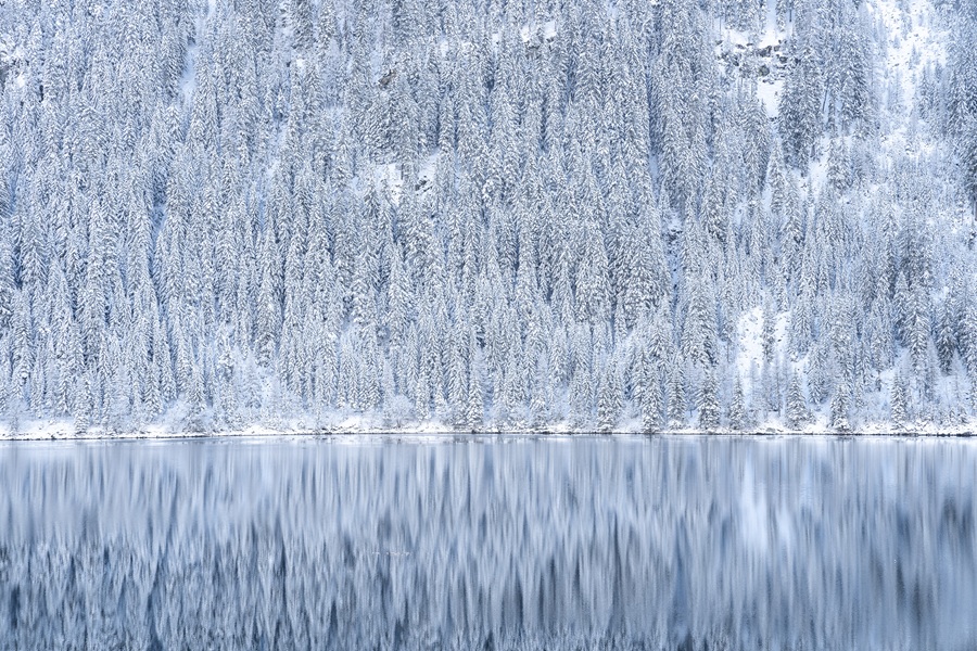 A beautiful shot of a reflection of trees covered in snow in lake - perfect for background